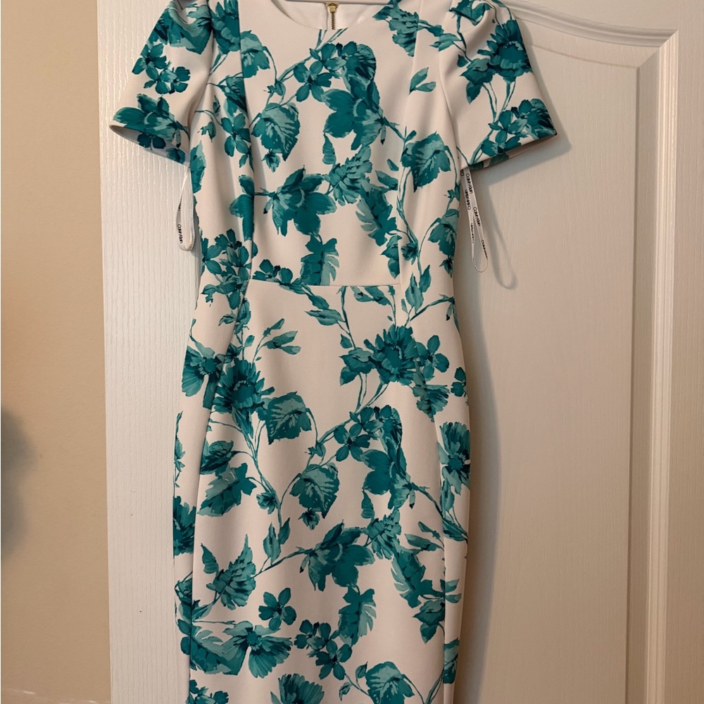Calvin Klein White Dress with Teal Floral Print